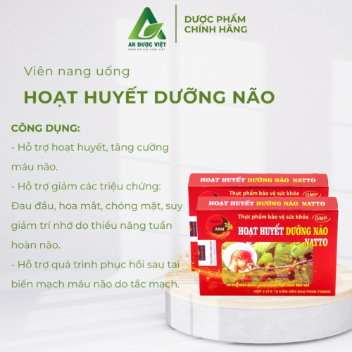 Hoạt huyết dưỡng não Natto hỗ trợ hoạt huyết tăng cường tuần hoàn máu não hộp 2 vỉ x 10 viên 750mg - An Dược Việt