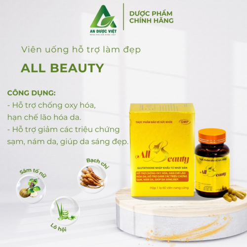 Viên uống bảo vệ sức khỏe ALL BEAUTY hỗ trợ chống oxy hóa, giảm lão hóa da, hạn chế sạm, nám da hộp 1 lọ x 60 viên 500mg